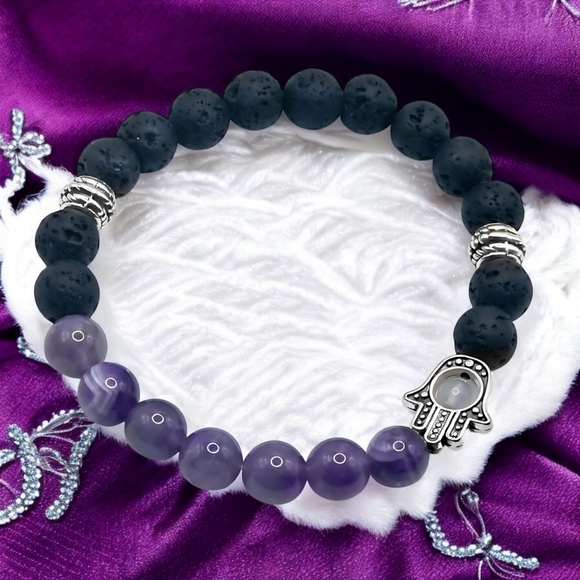 🆕️Hamsa Volcanic Lava Rock & Amethyst Stretch Bracelet + Bonus Boho Earrings 💜 - Picture 8 of 11